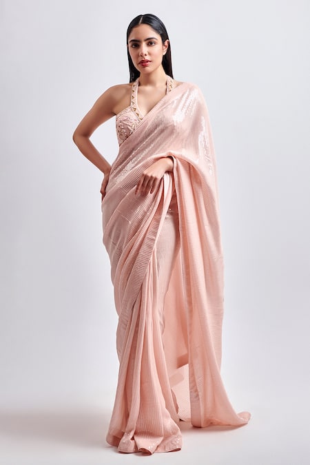 Meenagurnam Pink Georgette, Satin Sequins Halter Neck Embroidered Saree With Blouse 