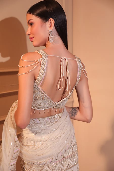 Shop Laxmishriali Ivory Net Pearls, Sequins Pre-stitched Lehenga Saree With Embroidered Blouse at Aza Fashions Shop_Laxmishriali_Ivory Net Pearls, Sequins Pre-stitched Lehenga Saree With Embroidered Blouse _at_Aza_Fashions