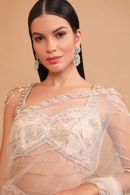 Laxmishriali_Ivory Net Pearls, Sequins Pre-stitched Lehenga Saree With Embroidered Blouse _Online_at_Aza_Fashions