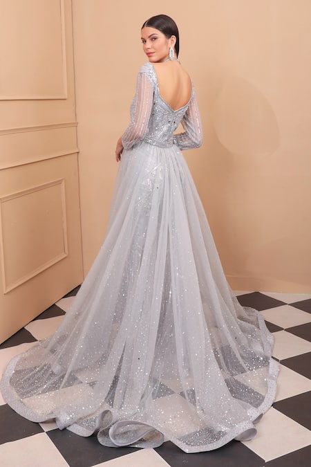 Laxmishriali_Grey Net Sequins, Beads Sweetheart Neck Metallic Embroidered Gown With Skirt _at_Aza_Fashions