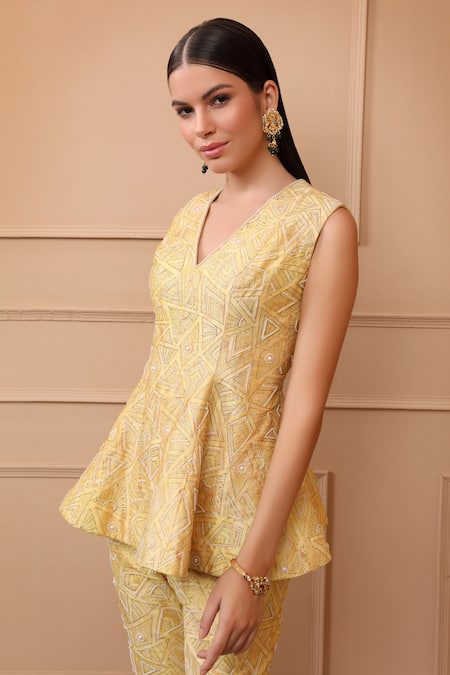 Buy_Laxmishriali_Yellow Silk Pearls, Embroidery V-neck Thread Peplum Top And Flared Pant Set _Online_at_Aza_Fashions