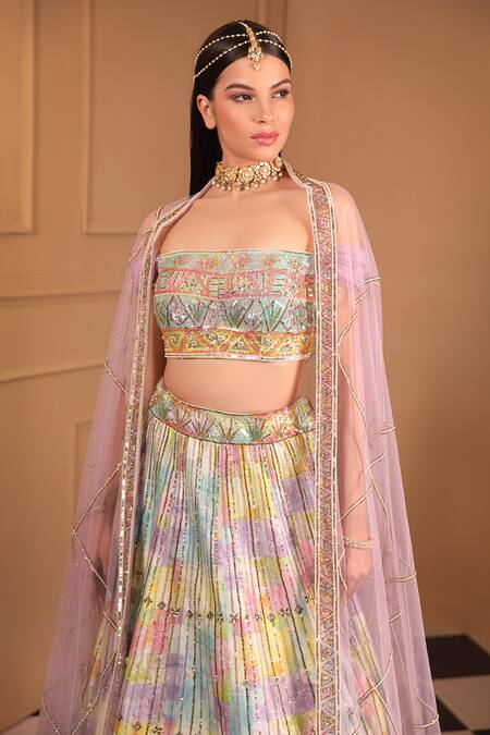 Shop_Laxmishriali_Multi Color Net, Silk Pearls, Beads Digital Printed And Embroidered Lehenga Set _Online_at_Aza_Fashions