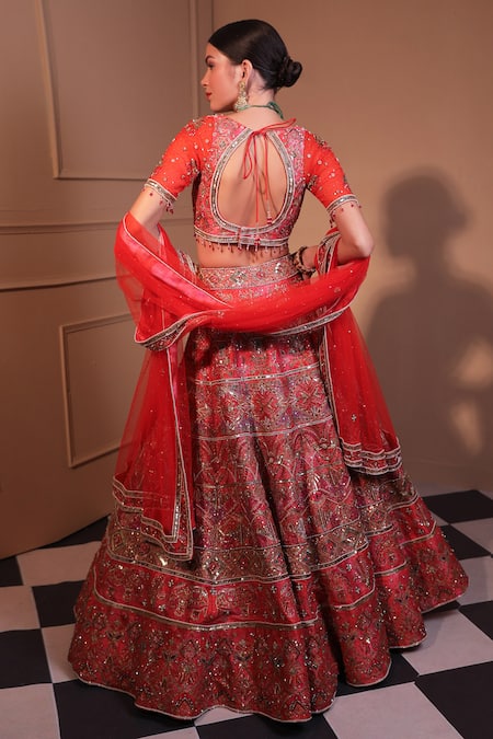 Laxmishriali Red Silk, Net Sequins, Zari, Embroidery Sweetheart Zardozi Bridal Lehenga Set Online at Aza Fashions Laxmishriali_Red Silk, Net Sequins, Zari, Embroidery Sweetheart Zardozi Bridal Lehenga Set _Online_at_Aza_Fashions