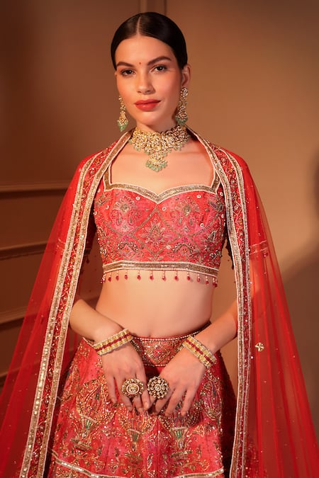 Buy_Laxmishriali_Red Silk, Net Sequins, Zari, Embroidery Sweetheart Zardozi Bridal Lehenga Set _Online_at_Aza_Fashions