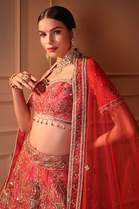 Shop_Laxmishriali_Red Silk, Net Sequins, Zari, Embroidery Sweetheart Zardozi Bridal Lehenga Set _Online_at_Aza_Fashions