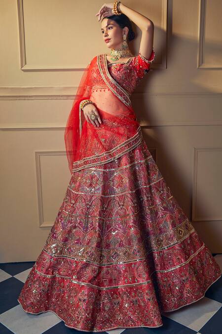 Laxmishriali Red Silk, Net Sequins, Zari, Embroidery Sweetheart Zardozi Bridal Lehenga Set at Aza Fashions Laxmishriali_Red Silk, Net Sequins, Zari, Embroidery Sweetheart Zardozi Bridal Lehenga Set _at_Aza_Fashions