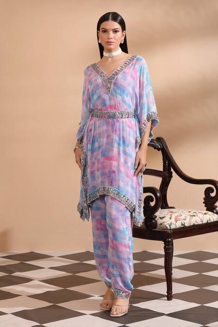 Buy_Laxmishriali_Blue Georgette Beads, Stones V-neck Geometric Digital Print Kaftan And Pant Set _Online_at_Aza_Fashions