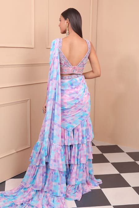 Laxmishriali Blue Georgette, Silk Embroidery V-neck Printed Sharara Saree With Blouse Online at Aza Fashions Laxmishriali_Blue Georgette, Silk Embroidery V-neck Printed Sharara Saree With Blouse _Online_at_Aza_Fashions