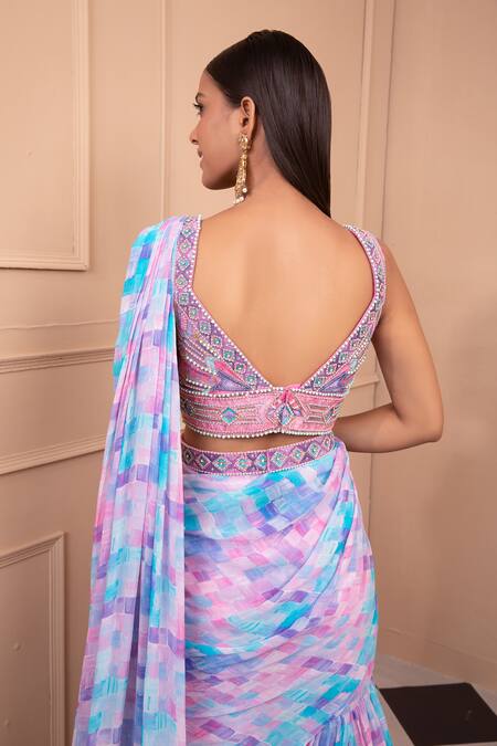 Shop Laxmishriali Blue Georgette, Silk Embroidery V-neck Printed Sharara Saree With Blouse Online at Aza Fashions Shop_Laxmishriali_Blue Georgette, Silk Embroidery V-neck Printed Sharara Saree With Blouse _Online_at_Aza_Fashions