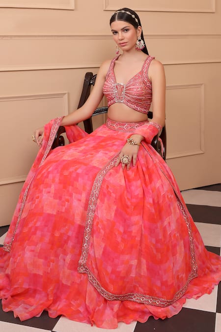 Buy_Laxmishriali_Coral Denim, Georgette Sequins, Beads V-neck Geometric Print Bridal Lehenga Set _Online_at_Aza_Fashions