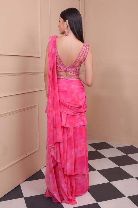 Laxmishriali Pink Georgette, Silk Embroidery V-neck Printed Pre-stitched Saree With Blouse Online at Aza Fashions Laxmishriali_Pink Georgette, Silk Embroidery V-neck Printed Pre-stitched Saree With Blouse _Online_at_Aza_Fashions