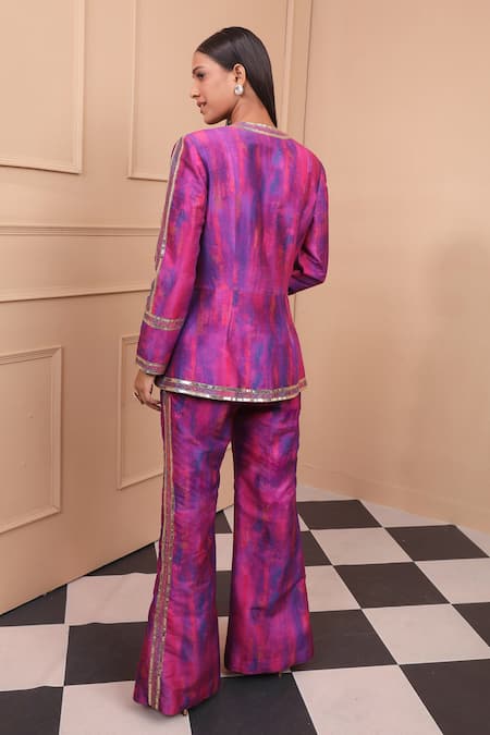 Laxmishriali Purple Silk Sequins Square Neck Geometric Print Blazer Pant Set Online at Aza Fashions Laxmishriali_Purple Silk Sequins Square Neck Geometric Print Blazer Pant Set _Online_at_Aza_Fashions