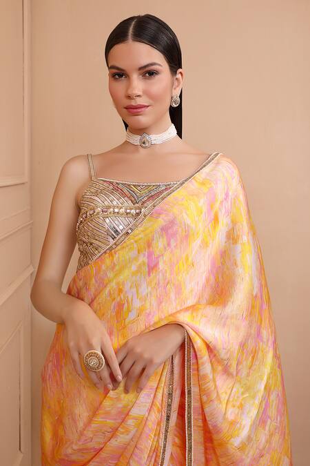 Buy_Laxmishriali_Yellow Denim, , Silk Embroidery Square Neck Printed Saree With Blouse _Online_at_Aza_Fashions