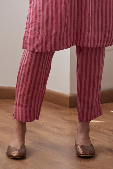 Shorshe Clothing_Pink Organza, Silk V-neck Anu Striped Kurta With Cigarette Pant_Online_at_Aza_Fashions