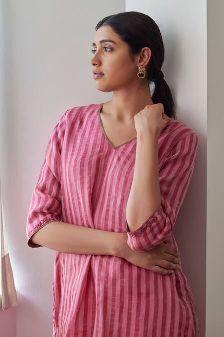 Shop_Shorshe Clothing_Pink Organza, Silk V-neck Anu Striped Kurta With Cigarette Pant_Online_at_Aza_Fashions