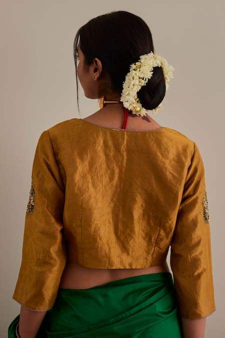 Shorshe Clothing_Green Bamboo, Silk, Tissue Embroidery V-neck Bangalore Saree With Blouse _at_Aza_Fashions