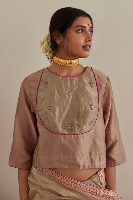 Shorshe Clothing_Pink Chanderi Embroidery Round Neck Placement Hand Saree With Blouse_Online_at_Aza_Fashions