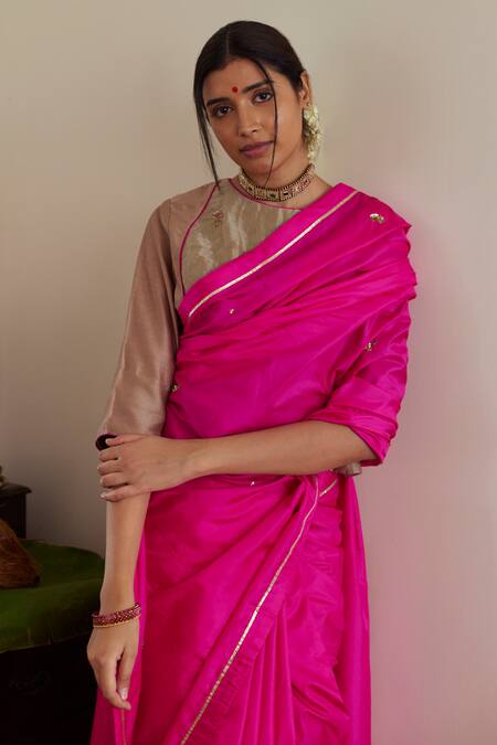 Shop_Shorshe Clothing_Pink Chanderi Embroidery Round Neck Placement Hand Saree With Blouse_Online_at_Aza_Fashions