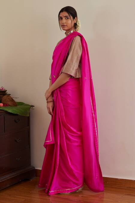 Shorshe Clothing_Pink Chanderi Embroidery Round Neck Placement Hand Saree With Blouse_at_Aza_Fashions