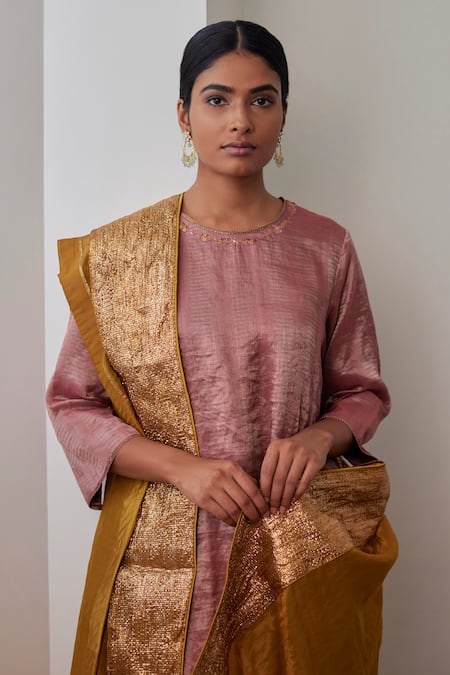 Shorshe Clothing_Gold Tissue Gota Patti Border Dupatta _Online_at_Aza_Fashions
