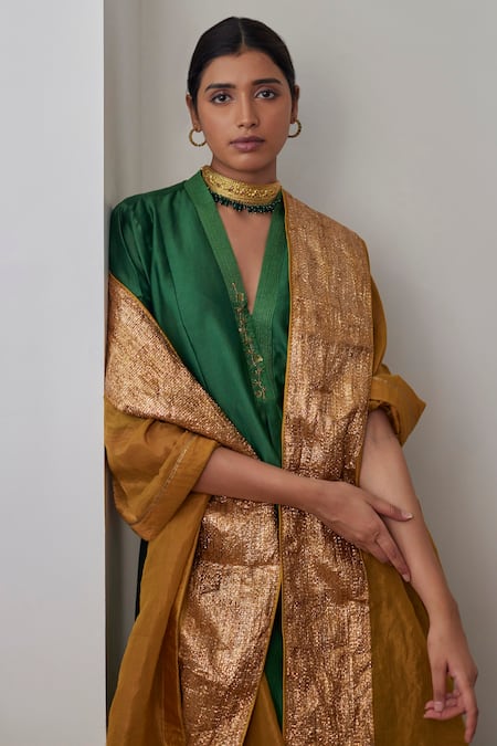 Buy_Shorshe Clothing_Gold Tissue Gota Patti Border Dupatta _Online_at_Aza_Fashions