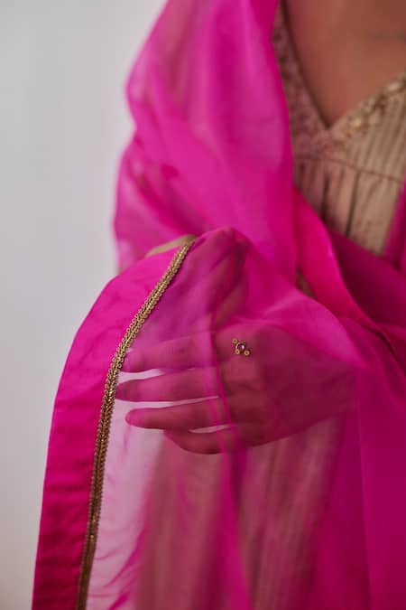 Shorshe Clothing_Pink Organza Embroidery Hand Lace Dupatta_Online_at_Aza_Fashions