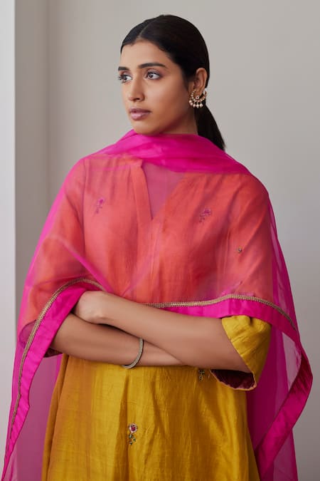 Buy_Shorshe Clothing_Pink Organza Embroidery Hand Lace Dupatta_Online_at_Aza_Fashions