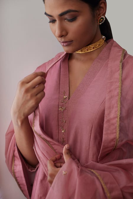 Shorshe Clothing_Pink Organza Zari Zardozi Border Embroidered Dupatta_Online_at_Aza_Fashions