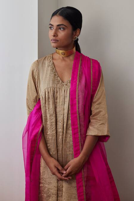 Shorshe Clothing_Brown Chanderi, Silk Embroidery V-neck Stripe Woven Anarkali And Pant Set_Online_at_Aza_Fashions