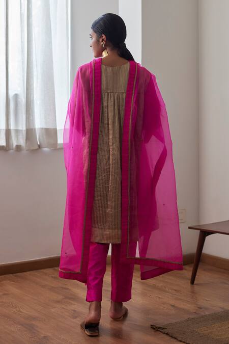 Shop_Shorshe Clothing_Brown Chanderi, Silk Embroidery V-neck Stripe Woven Anarkali And Pant Set_Online_at_Aza_Fashions