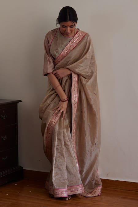 Shorshe Clothing_Brown Handloom Cotton, Chanderi Embroidery, Lace Bordered Saree With Blouse_Online_at_Aza_Fashions