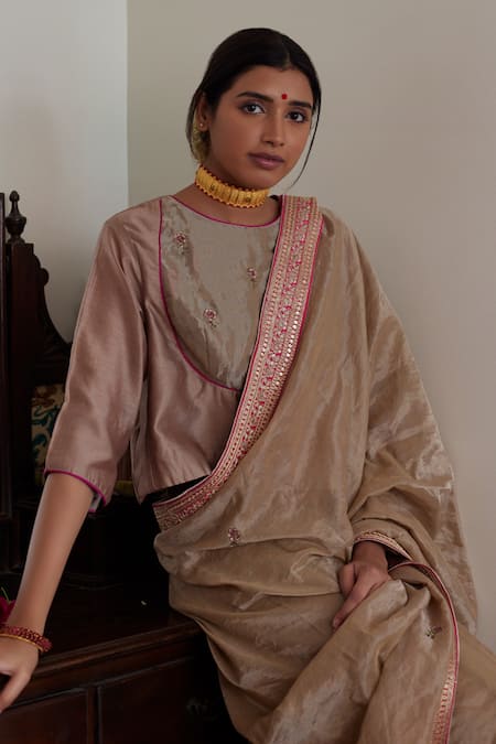 Buy_Shorshe Clothing_Brown Handloom Cotton, Chanderi Embroidery, Lace Bordered Saree With Blouse_Online_at_Aza_Fashions