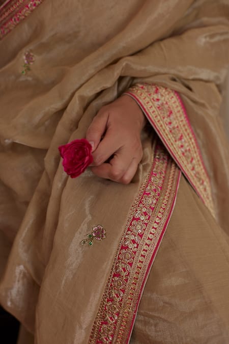 Shop_Shorshe Clothing_Brown Handloom Cotton, Chanderi Embroidery, Lace Bordered Saree With Blouse_Online_at_Aza_Fashions