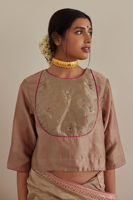 Shorshe Clothing_Brown Handloom Cotton, Chanderi Embroidery, Lace Bordered Saree With Blouse_at_Aza_Fashions