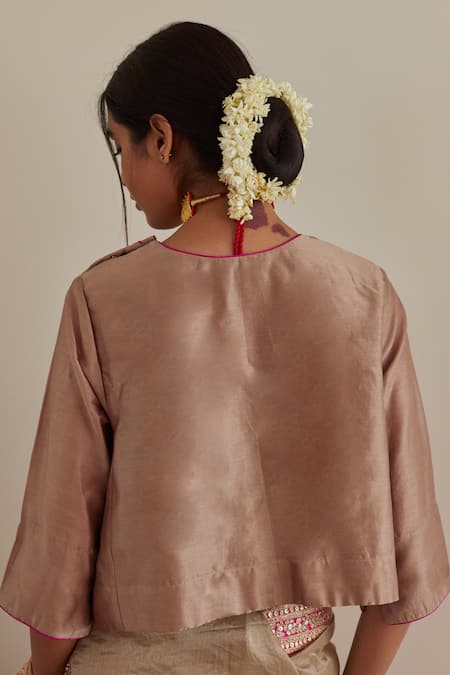 Buy_Shorshe Clothing_Brown Handloom Cotton, Chanderi Embroidery, Lace Bordered Saree With Blouse