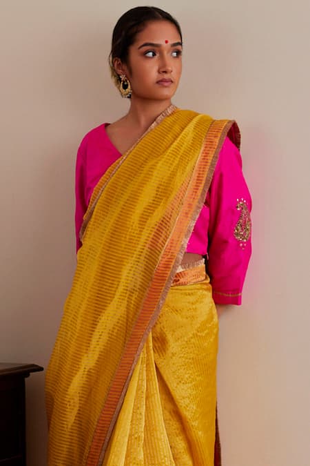Shorshe Clothing_Yellow Chanderi, Silk Lace, Sequins V-neck Tissue Stripe Saree With Blouse _Online_at_Aza_Fashions