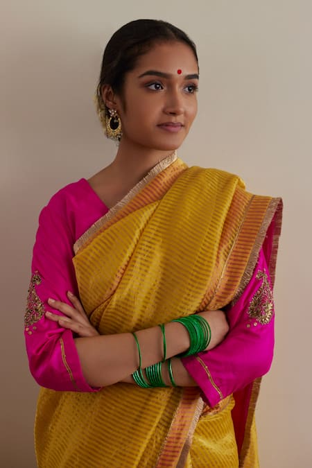 Buy_Shorshe Clothing_Yellow Chanderi, Silk Lace, Sequins V-neck Tissue Stripe Saree With Blouse _Online_at_Aza_Fashions