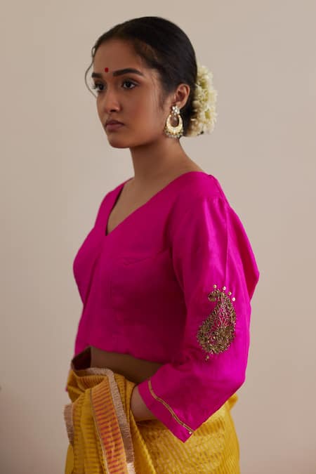 Shop_Shorshe Clothing_Yellow Chanderi, Silk Lace, Sequins V-neck Tissue Stripe Saree With Blouse _Online_at_Aza_Fashions