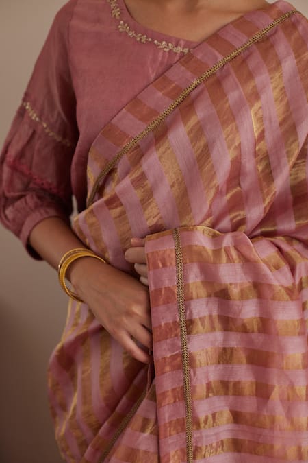 Shorshe Clothing_Pink Chanderi, Handloom Cotton Sequins, Lace Round Tissue Saree With Blouse_Online_at_Aza_Fashions