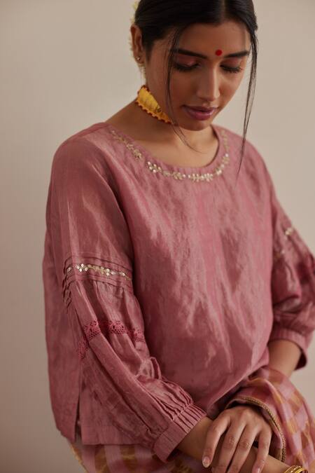 Buy_Shorshe Clothing_Pink Chanderi, Handloom Cotton Sequins, Lace Round Tissue Saree With Blouse_Online_at_Aza_Fashions