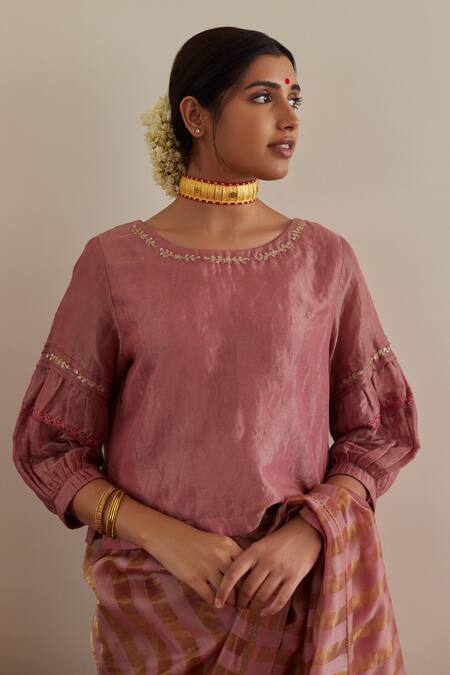 Shop_Shorshe Clothing_Pink Chanderi, Handloom Cotton Sequins, Lace Round Tissue Saree With Blouse_Online_at_Aza_Fashions