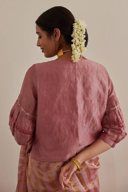 Shorshe Clothing_Pink Chanderi, Handloom Cotton Sequins, Lace Round Tissue Saree With Blouse_at_Aza_Fashions