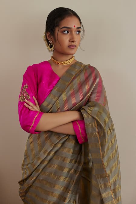 Shorshe Clothing Chanderi Tissue Stripe Saree With Embroidered Blouse 
