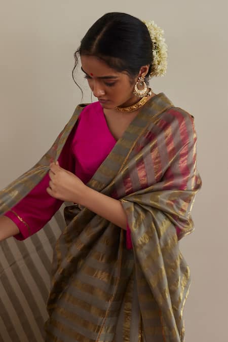 Shorshe Clothing_Green Silk, Chanderi Sequins, Lace Tissue Stripe Saree With Embroidered Blouse _Online_at_Aza_Fashions