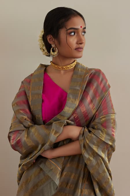 Buy_Shorshe Clothing_Green Silk, Chanderi Sequins, Lace Tissue Stripe Saree With Embroidered Blouse _Online_at_Aza_Fashions