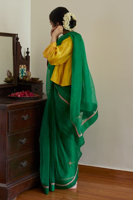 Shorshe Clothing_Green Silk Organza, Satin, Cross Butta Laced Saree With Embroidered Blouse _Online_at_Aza_Fashions