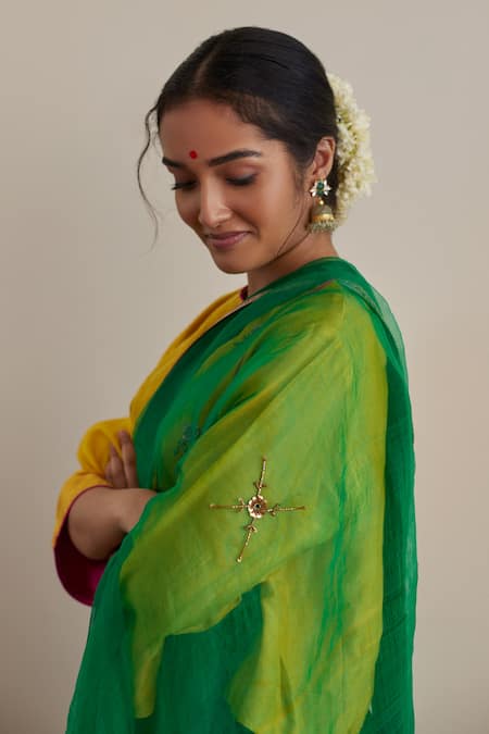 Buy_Shorshe Clothing_Green Silk Organza, Satin, Cross Butta Laced Saree With Embroidered Blouse _Online_at_Aza_Fashions