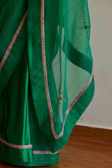Shop_Shorshe Clothing_Green Silk Organza, Satin, Cross Butta Laced Saree With Embroidered Blouse _Online_at_Aza_Fashions