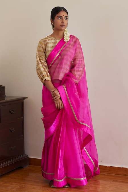 Shorshe Clothing Pink Saree Silk Organza Embroidered Sequin Round Lace With Blouse 