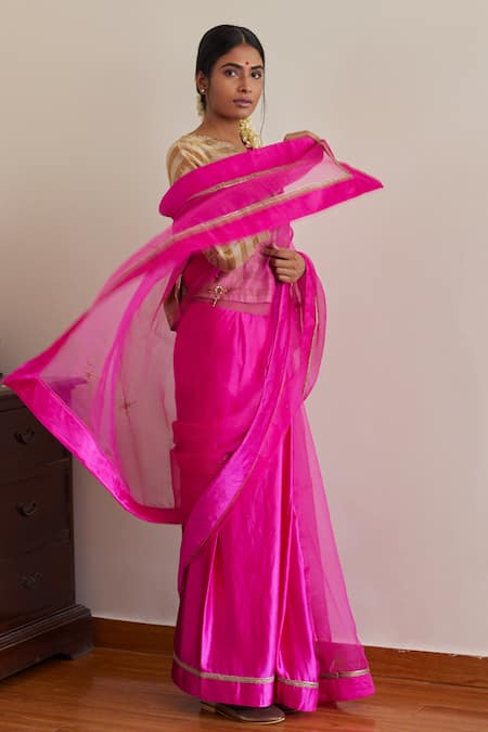 Shorshe Clothing_Pink Silk Organza, Satin, Handloom Cotton Lace Embroidered Saree With Blouse _Online_at_Aza_Fashions
